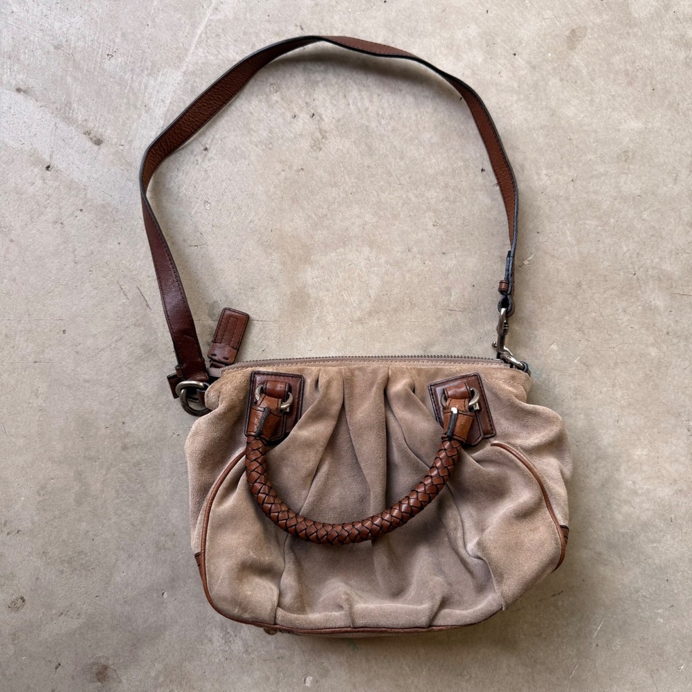 Banana Republic Suede Leather Satchel Bag Braided Handle Tan Brown Crossbody - Picture 6 of 6